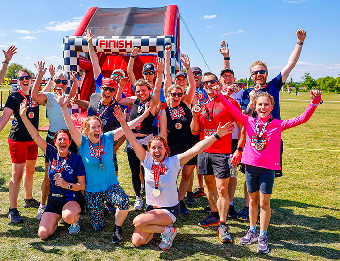 Finish line with medals